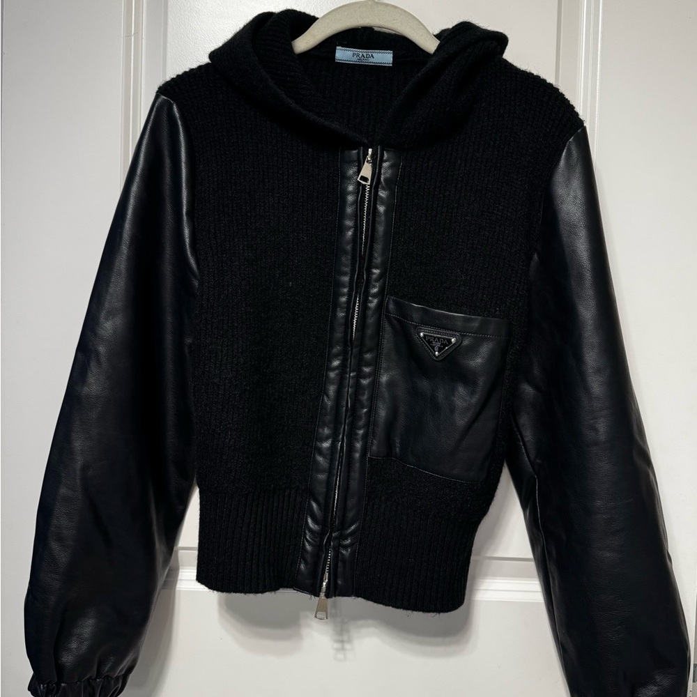 Prada Black Knit Sweater with Leather Accents